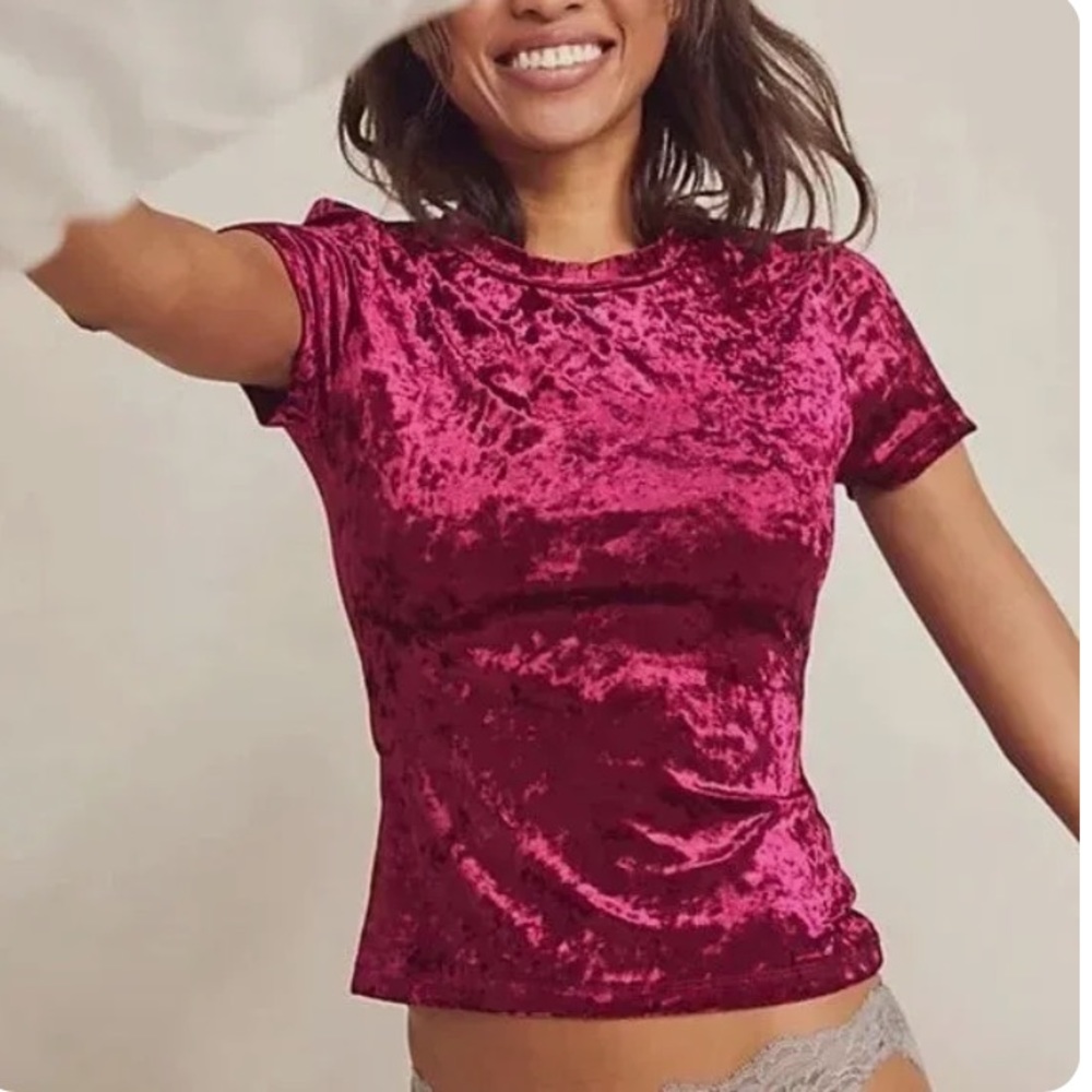 NWOT Free People Intimately Crushed Velvet Baby Tee Top Bordeaux Burgundy